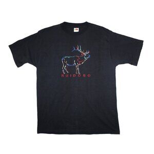 Vintage Ruidoso Deer embroidered print Black T Shirt Size L Cotton Fruit of Loom